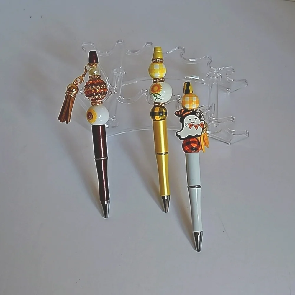 Hand Crafted 3-Set Pens Black Ink Beaded Fall Halloween Sunflower Harvest Design